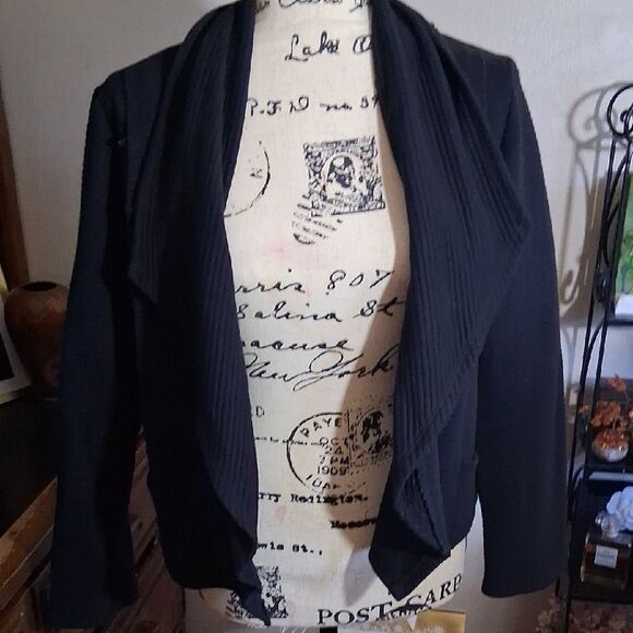 Anthropologie DOLAN Black Ribbed Open Front Draped Cropped Blazer Jacket Large - Picture 7 of 10